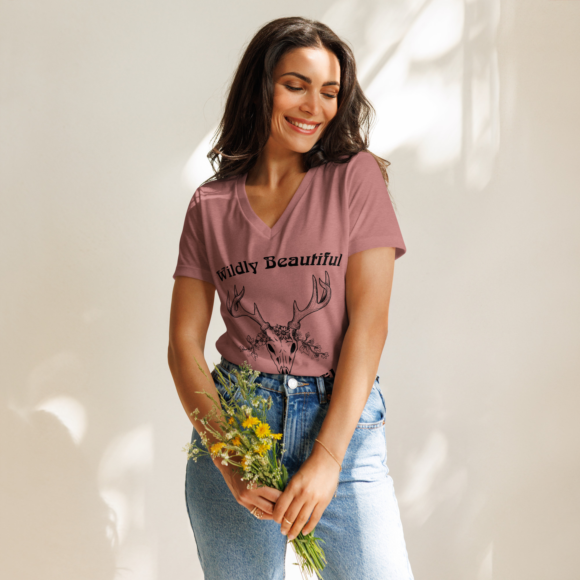 Wildly Beautiful Deer Skull V-neck T-shirt - Image 4