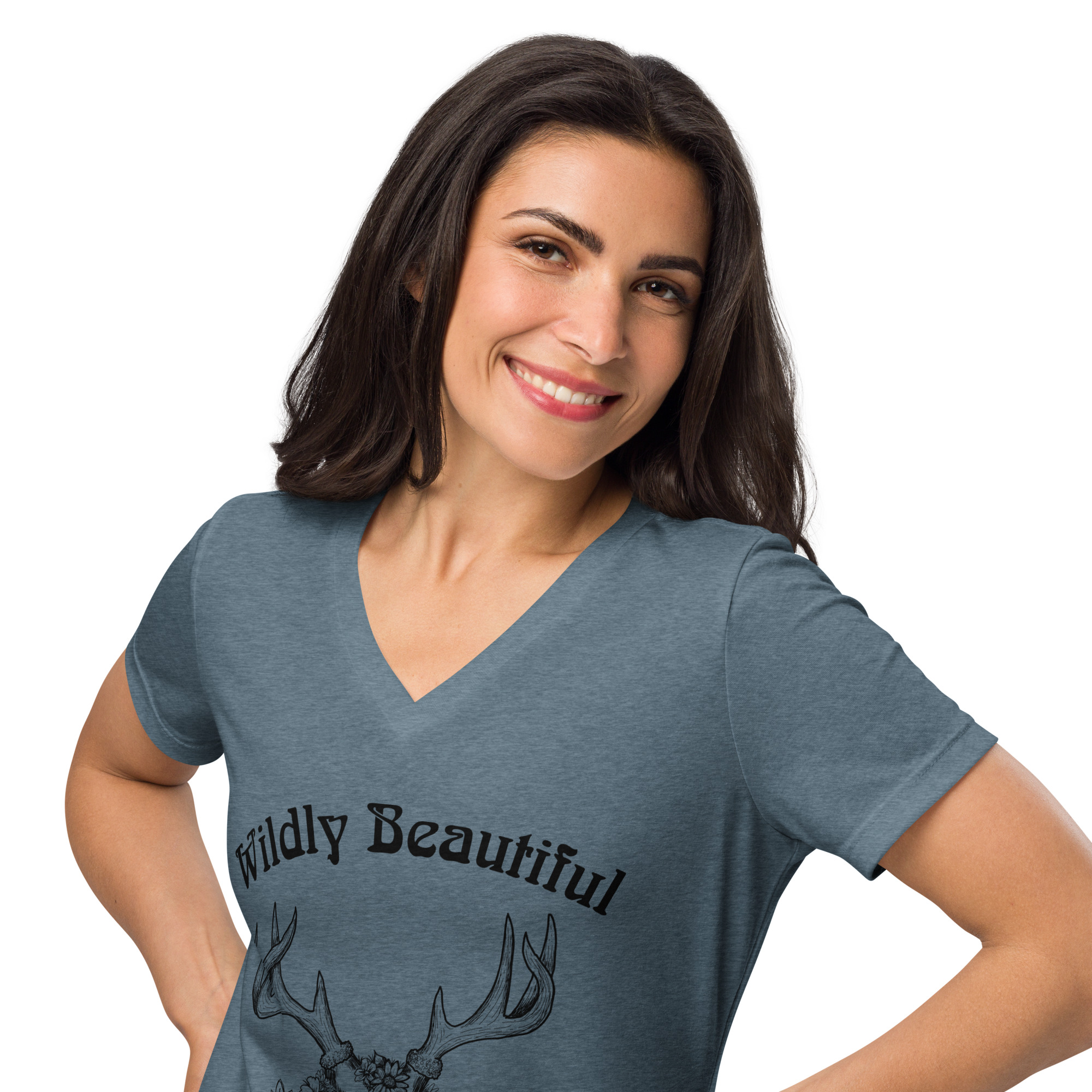 Wildly Beautiful Deer Skull V-neck T-shirt - Image 3