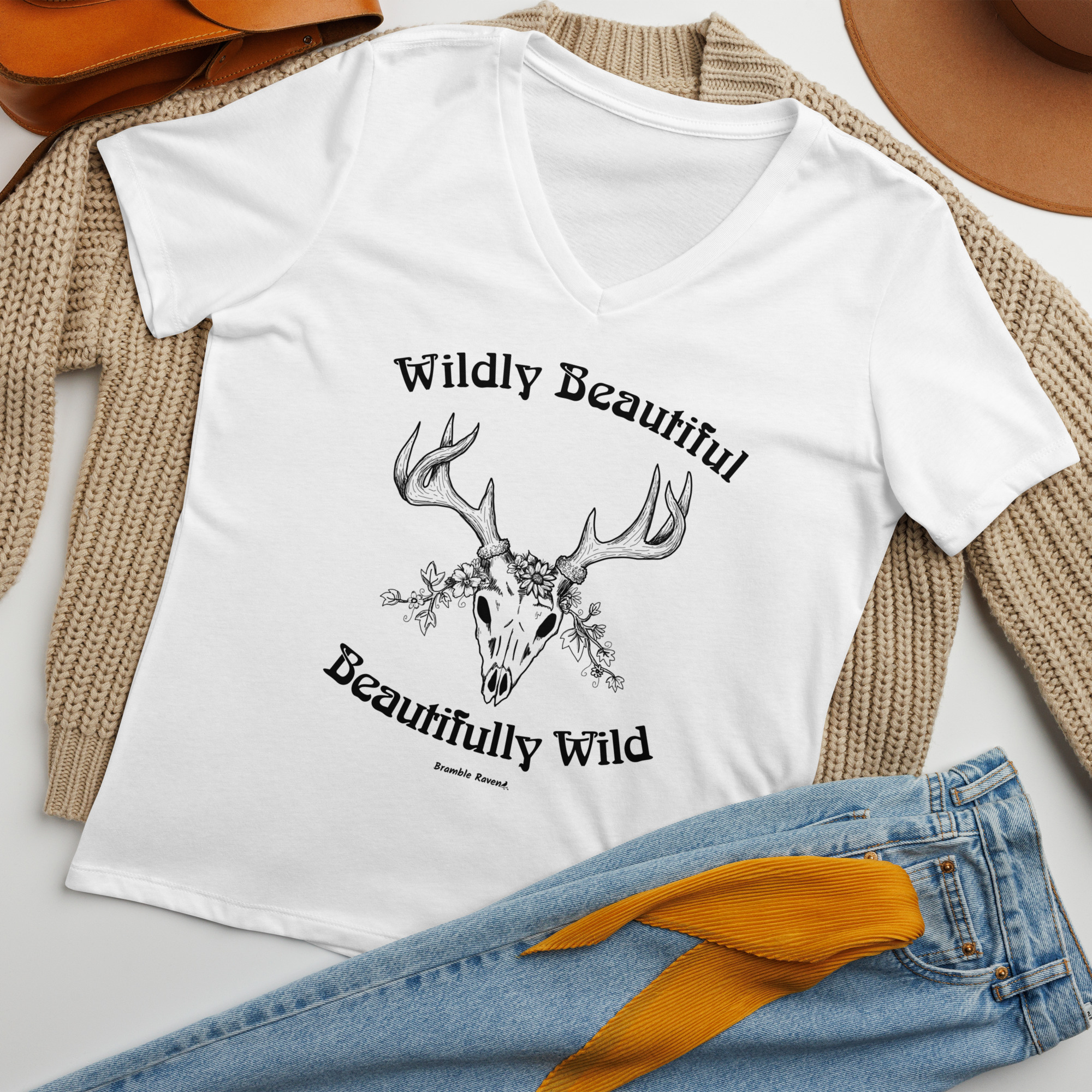 Wildly Beautiful Deer Skull V-neck T-shirt - Image 7