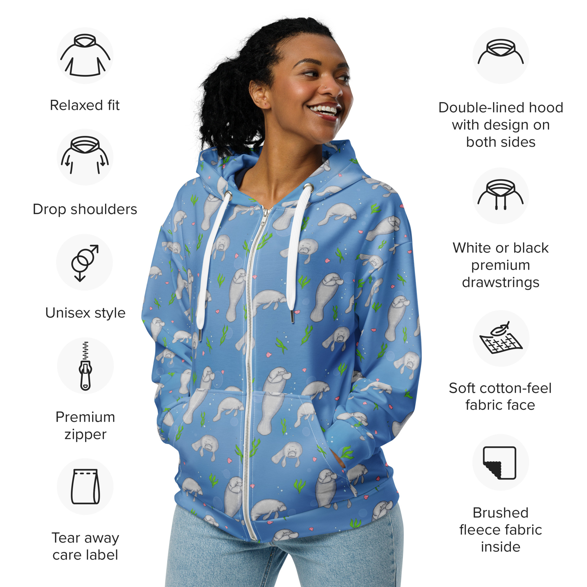 Manatee Patterned Zip Hoodie - Image 6